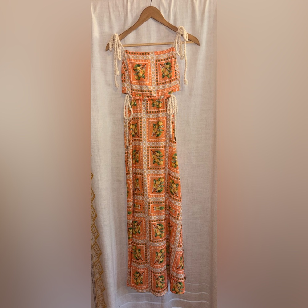 Lemon Print Maxi Dress Orange White Mediterranean Tie Strap Cutout Size Small
